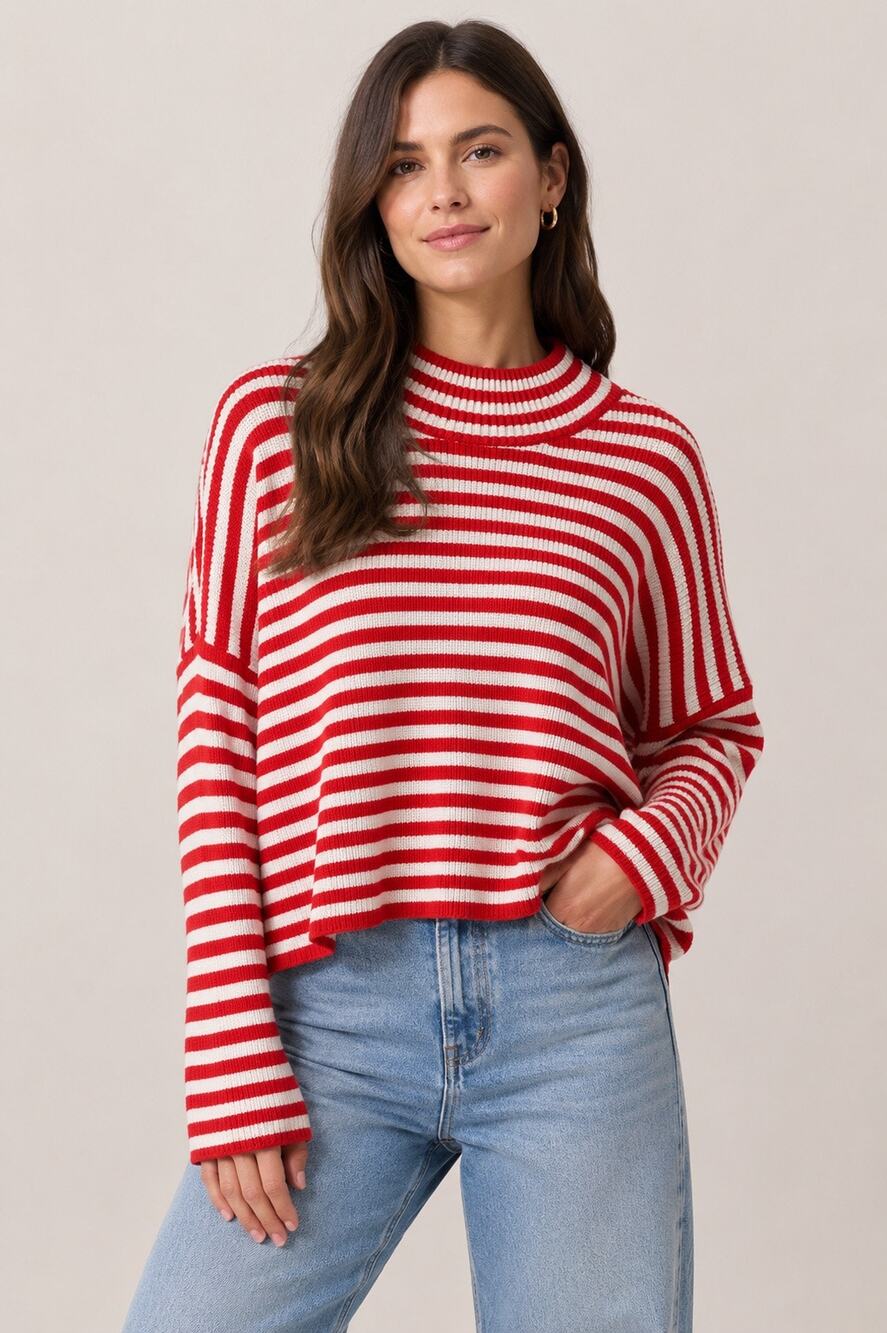 Ellison Red & Ivory Striped Oversized Dolman Sleeve Sweater Size L